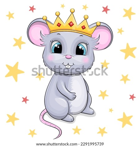 Cute cartoon king mouse. Vector illustration of an animal on a white background with stars.