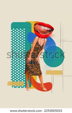 Creative collage of glamour girl head lips lick teeth flirting with you night club event leopard print dress isolated on sketch background