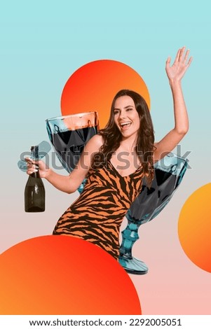 Photo collage of young glamour chic wear leopard print dress active dancer drink wineglass careless weekend isolated on gradient background