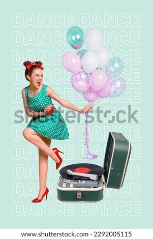 Vertical invitation collage dance party retro turntable vinyl player wear blue dress hold air balloons event isolated on cyan background