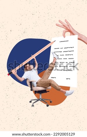 Vertical collage picture of excited positive mini guy sit chair hold big pencil sign hand hold paper document isolated on painted background