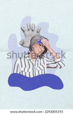 Collage of pensioner woman hand head stressed pain feel bad her job everything not according her business plan isolated on blue background