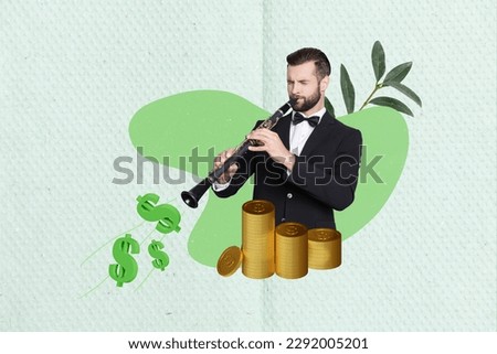 Composite creative photo 3d collage performer elegant man wear tuxedo hobby flutist makes much money wealth isolated on green background