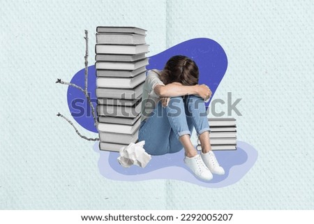 Conceptual collage photo young upset pupil student tired studying preparing final examination isolated graphics artwork background Royalty-Free Stock Photo #2292005207