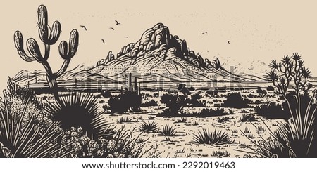 Mountain desert texas background landscape. Wild west western adventure explore inspirational vibe. Graphic Art. Engraving Vector Illustration. Royalty-Free Stock Photo #2292019463