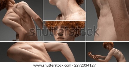 Body aesthetics. Collage of different body parts of young redhead guy with freckles posing over grey studio background. Concept of men's health, beauty, skin care, hygiene and male cosmetology Royalty-Free Stock Photo #2292034127
