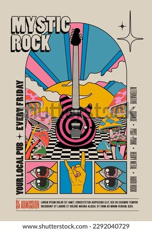 Retro vintage styled psychedelic rock music concert or festival or party flyer or poster design template with electric guitar surrounded by mushrooms with sunset on background. Vector illustration Royalty-Free Stock Photo #2292040729