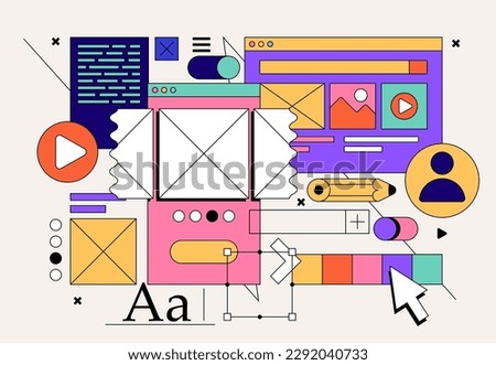 Web or App development concept with UI UX elements collage for web banner op poster. Vector illustration Royalty-Free Stock Photo #2292040733