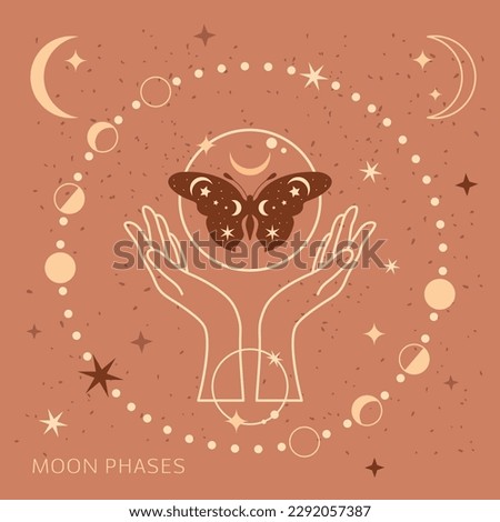 Mystical moon phases and woman hands and moth, alchemy esoteric magic space, sacred wheel of the year, vector isolated on beige background