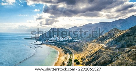 Amazing view of beach las Teresitas with yellow sand. Location: Santa Cruz de Tenerife, Tenerife, Canary Islands, Spain. Artistic picture. Beauty world.