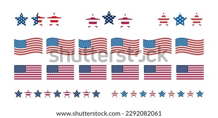 Independence Day United States stars and dividers. USA flag illustration, decorations - border lines. Memorial Day, traditional patriotic US icons for American national holiday. Veterans day USA set. 