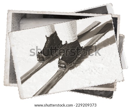 Vintage photos Old wooden skis and leather ski boots