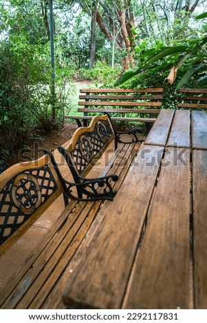 Garden patio table and bench chairs for a relaxing, peaceful outdoor dining and community backyard space