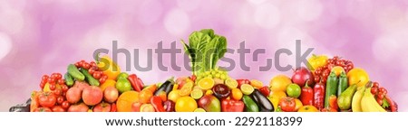 Panoramic wide photo healthy and useful vegetables and fruits on blurred background.