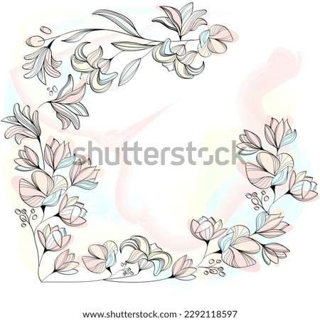 Watercolor, linear, colourful, floral background. Collection of various blooming, pink, blue and pastel plants with stems and leaves . Design for presentations, decoration, poster, quotes, blogs, web