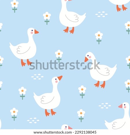 Cute goose on a blue background with camomile white flowers, kids fabric and textile vector print design, seamless pattern