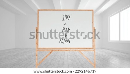 Composition of whiteboard with idea plan action text in empty room. Background and pattern concept digitally generated image.