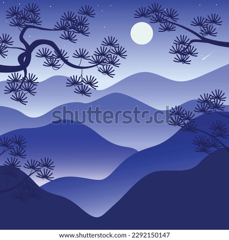 Night landscape with silhouette of foggy mountains, full moon and Korean pine branches. Nature background with oriental scene. Vector flat illustration.