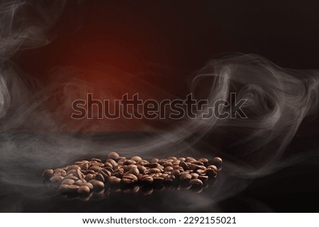 coffee beans on a dark background with a red highlight on the background, coffee beans close-up for a coffee shop.