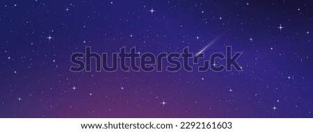 Magic blue purple galaxy. Infinite universe, starry night sky. Horizontal space background with realistic nebula, stardust, shining stars. Comet, meteor with light trail, falling asteroids, vector