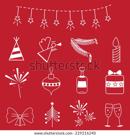 set of new year and christmas icons on red background