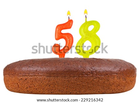 birthday cake with candles number 58 isolated on white background