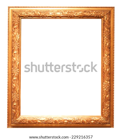 Golden vintage wooden frame isolated on white background.