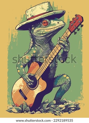 A lizard with a cowboy hat playing guitar