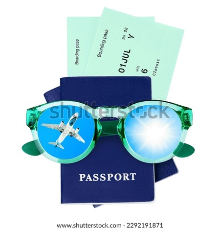Blue passports, boarding pass, flight tickets, sunglasses, flying plane, sun, blue sky, white background isolated, summer holidays, vacation, airplane travel, international airlines, tourism concept
