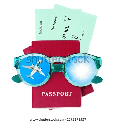Red passports, boarding pass, flight tickets, sunglasses, flying plane, sun, blue sky, white background isolated, summer holidays, vacation, airplane travel, international airlines, tourism concept