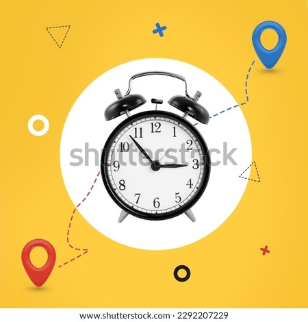 Black clock between two location pins on a line path on yellow background. destination time concept