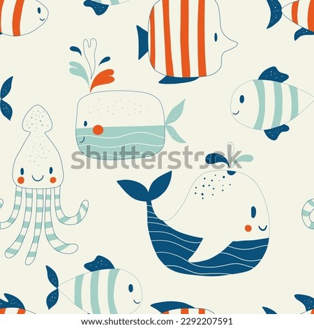 Childish seamless pattern with sea and ocean animals. Cute marine underwater fauna with whales, jellyfish and other underwater waterfowl. Endless design. Color flat vector illustration