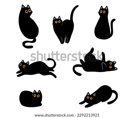 Set of black cats funny poses. lazy kitties clipart illustration. simple hand drawn design. 