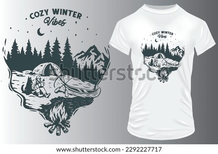 Silhouette of man sitting beside lake having coffee near bonfire. Cozy winter vibes. Vector illustration for t-shirt, website, print, application, clip art, poster and print on demand merchandise.