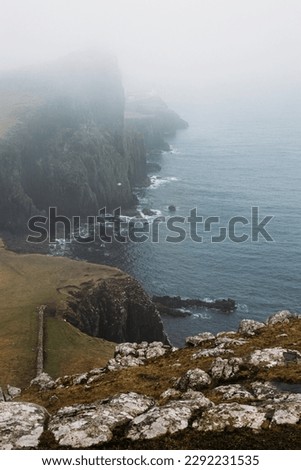 Neist Point a famous lighthouse in Scotland that can be found on the most westerly tip of the Isle of Skye near the township of Glendale. foogy day