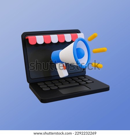 3d minimal promotion announcement. bussiness advestisment concept. business announcement. storefront laptop with a loudspeaker icon. 3d illustration. clipping path included.