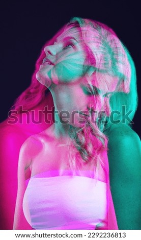 Double exposure, thinking and beauty with a woman on a dark background in studio for neon art or fantasy. Overlay, idea and abstract with an attractive young female model posing on a black backdrop