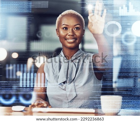 Touch screen, hologram and black woman with data analytics, statistics or finance. Holographic, futuristic and happy business person with overlay of future technology, ui or ux with hand interaction Royalty-Free Stock Photo #2292236863