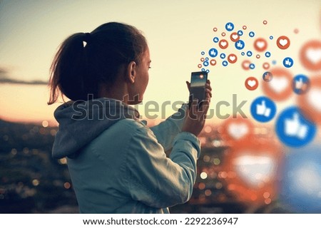 Social media emoticons, sunset or woman taking a photo of view for photography content or online post. Nature, icon overlay or girl on mobile app, website or network with love, like or heart emoji
