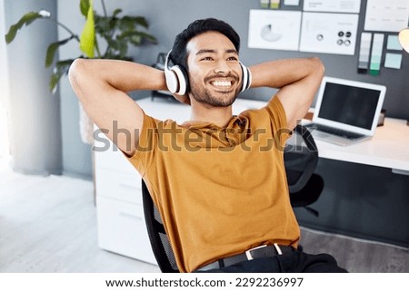 Music, relax and happy man finished with business job, streaming podcast sound or radio song. Audio headphones, wellness mindset and office consultant, listening designer or male agent done with work Royalty-Free Stock Photo #2292236997