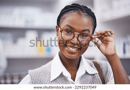 Smile, eyesight and portrait of woman with glasses in clinic for eye exam, health and help with poor sight test. Vision, happy face of girl holding frame from designer eyewear brand and care for eyes
