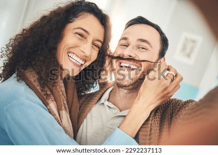 Couple, home and selfie with hug, portrait or social media for meme, funny post or love together in home. Young man, woman or photography for profile picture with care, happiness and blog on internet