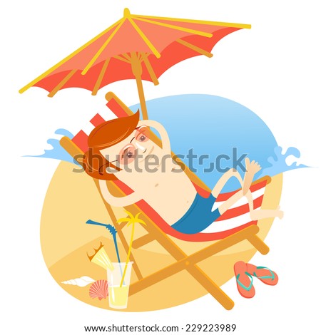 Vector illustration Hipster man sunbathing in the beach chair with cocktail. Flat style
