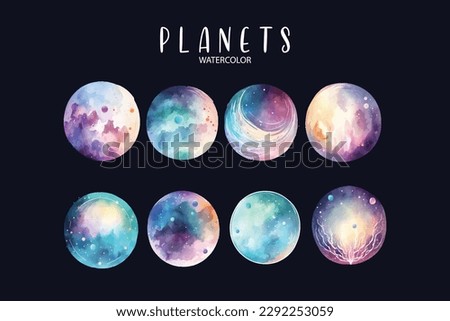 smart planet set on isolated black background, planets watercolor illustration Royalty-Free Stock Photo #2292253059