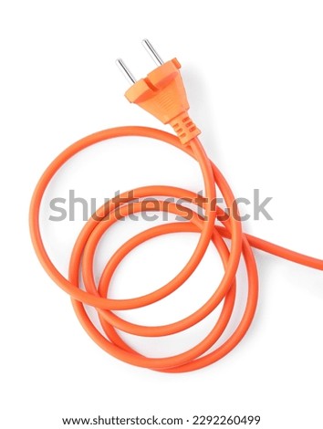 Extension cord on white background, top view. Electrician's equipment Royalty-Free Stock Photo #2292260499
