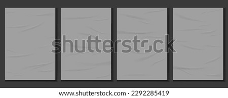 Realistic set of grey glued wall posters. Glued posters, old adhesive texture mockup. Blank sheets creased effect. Blank pages with wrinkles, realistic 3d set Royalty-Free Stock Photo #2292285419