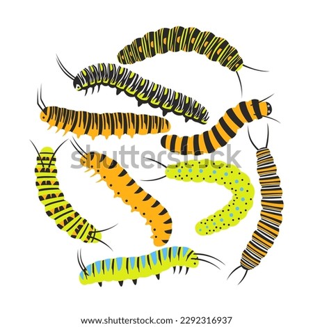 Set of colorful caterpillars. Pretty caterpillars different silhouette on white background. For festive card, banner, children, pattern, tattoo, decorative, concept. Vector illustration