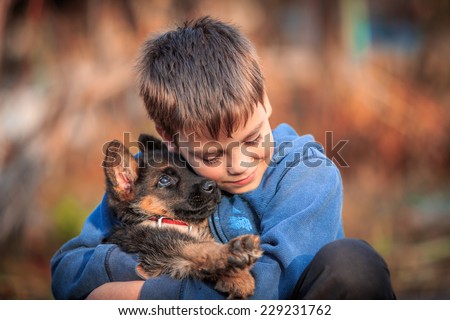 Boy with german shepherd dog puppy. Royalty-Free Stock Photo #229231762
