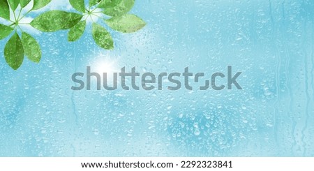 Green leaves behind glass wet with raindrops. Bottom-up view of the sky on a rainy sunny day. 3d ceiling decoration, wallpaper and nature background image. Royalty-Free Stock Photo #2292323841