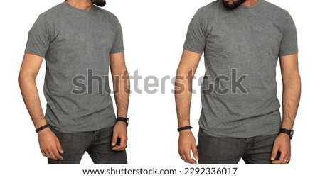 young man wearing a dark gray casual t-shirt. Side view, and front view of a mock up template for a t-shirt design print Royalty-Free Stock Photo #2292336017